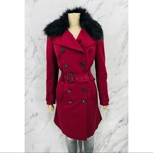 Runway New York Faux Fur Double Breasted Trench Coat Deep Red